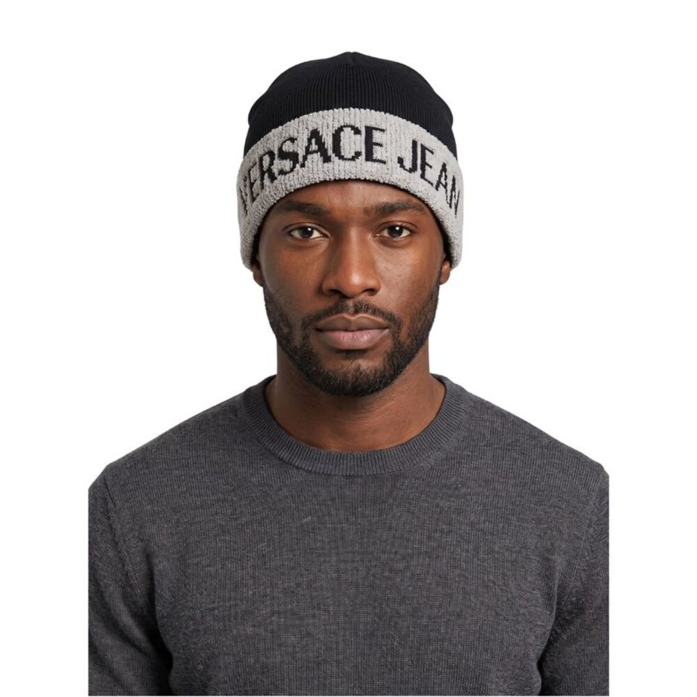 Versace Jeans Couture Men's Black and Grey Logo Cuff Knit Beanie